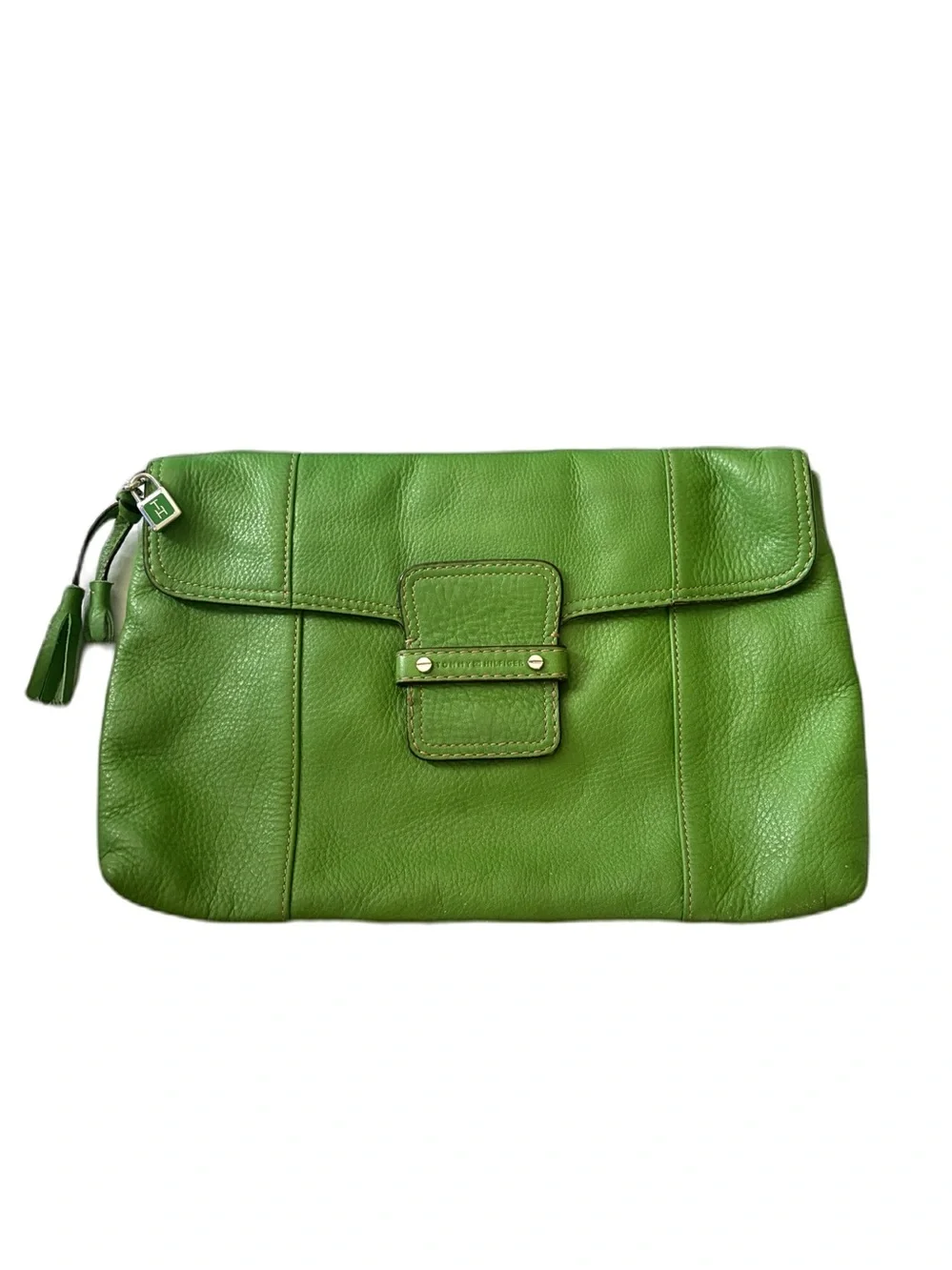 Tommy Hilfiger Lime Green Pebbled Leather Fold-Over Clutch with Tassel